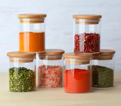 Kit com 6 Potes 200ml de Vidro Herméticos Organizadores de Cozinha Tampa Bambu Etiqueta e Caneta - Simply Home