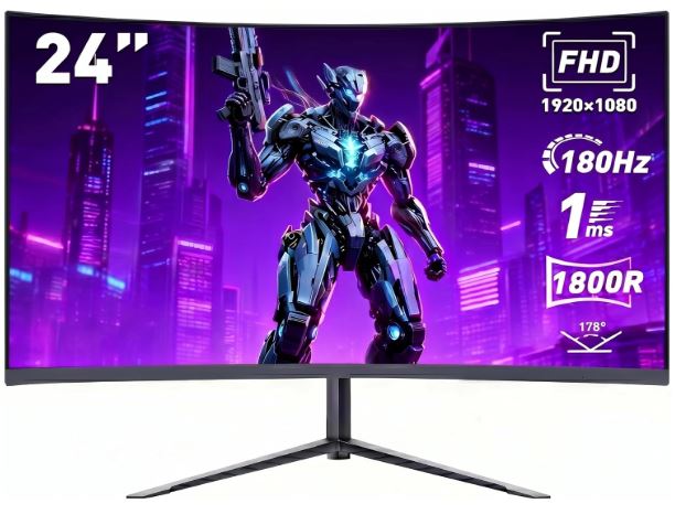 Monitor Gamer Curvo de 24 Polegadas, Monitor de Computador FHD 1080p, 180 Hz, Tempo de Resposta de 1 ms, Ultrafino, Alto-falantes Integrados, VESA, Compatível com G-SYNC