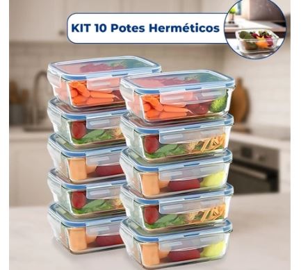 Kit 10 OU 5 Pote de Vidro Hermético Retangular 4 Travas Marmita Fit Microondas Mantimentos