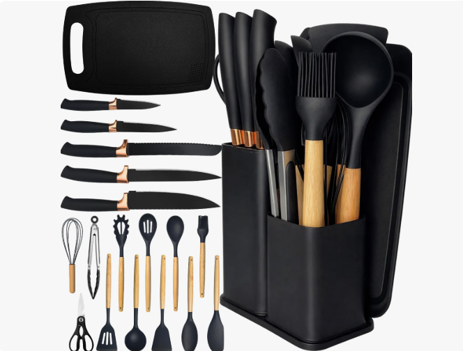 Kit Utensílios Silicone C/ Cabo De Madeira E Facas Em Inox