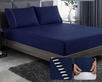 Jogo De Lençol Cama King 03 Peças 400 Fios Ponto Palito Cor Azul-marinho Desenho Do Tecido Lisa