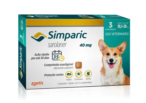 Simparic Antipulgas e Carrapatos para Cães de 10,1 a 20kg 3 Comprimidos 40mg Zoetis