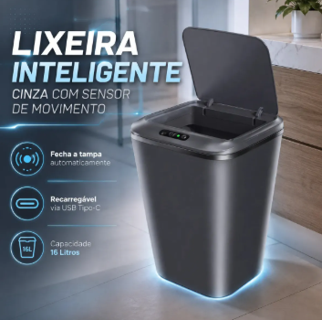 Lixeira Inteligente Automática Cinza Universal Com Sensor Recarregável Earman Company Anti Odor 16l Recarregável Usb