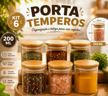 Kit 6 Pote Vidro Porta Temperos Hermético Cozinha Organiza V